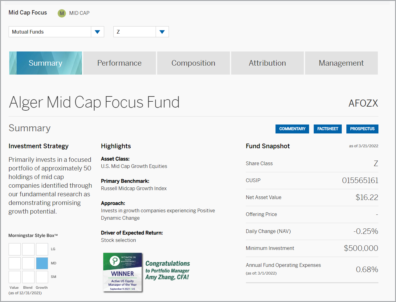 Screenshot of the Mid Cap Focus Fund product page