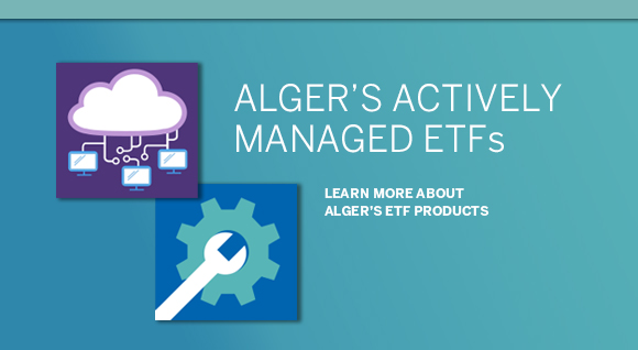 Box graphic with traingle shape and words "Alger's Actively Managed ETFs Learn More About Alger's ETF Products"