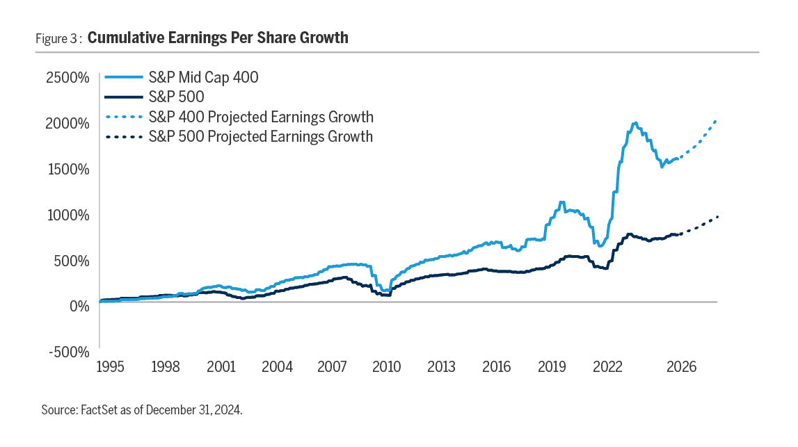 Mid cap stocks are forecast to grow their earning much faster than large cap stocks