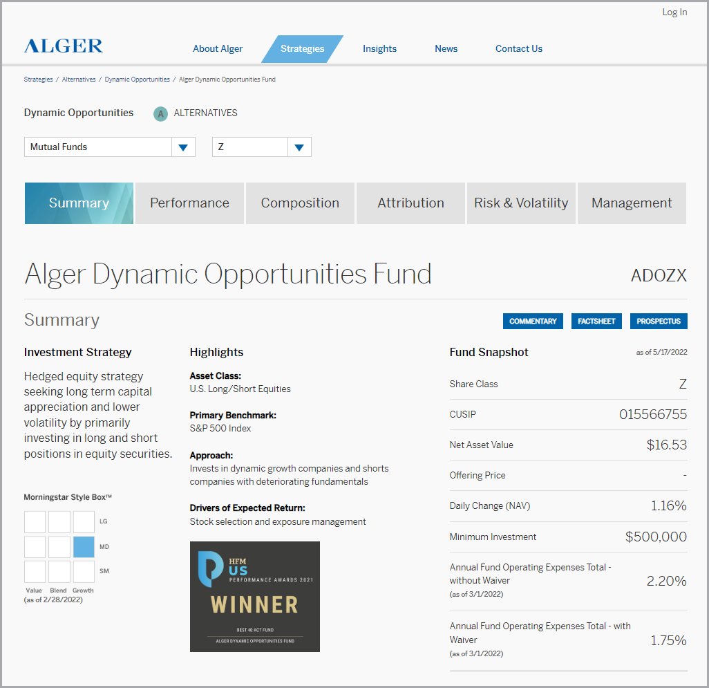 Screenshot of Alger Dynamic Opportunities Fund Product Page